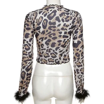 Forefair Leopardas Spausdinti Plunksnų Estetikos Viršūnių Y2K Mados Komplektus ilgomis Rankovėmis Apkarpytos Vintage Marškinėliai Seksuali Moteris Apkarpyti Viršūnes
