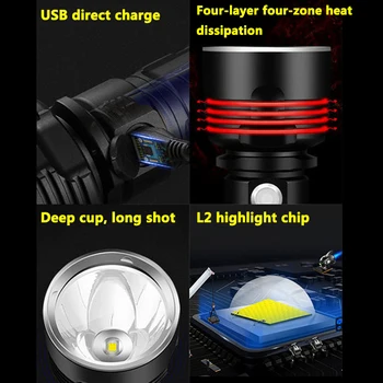 Galingas LED Žibintuvėlis XM-L2 XHP70 Lauko LightingTactical Fakelas USB Įkrovimo Vandeniui Lempos Itin Ryškių Žibintų