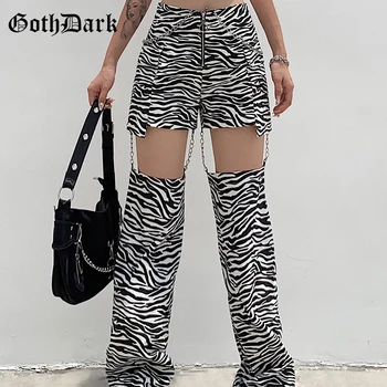 Goth Tamsiai Y2k Harajuku Mados Zebra Juostele Moterų Kelnes E-mergina Plačiai Kojos Su Kišenėmis Rudenį Kelnės Aukštu Juosmeniu Streetwear
