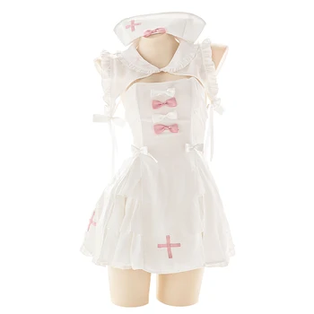 Japonijos Moterų, Balta Slaugytoja Vienodai Tiktų Saldūs Burbulas Suknelė Pižama Mergaitėms Mielas Bowknot Susieta Kryžiaus Homewear Pynimas Sleepwear kostiumas