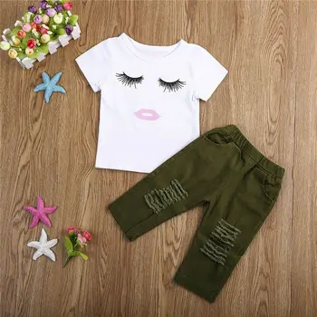 JAV Akcijų Bamblys Vaikas Kūdikių Mergaičių Blakstienų Viršūnės T-shirt Skylę Kelnes Komplektus Drabužių