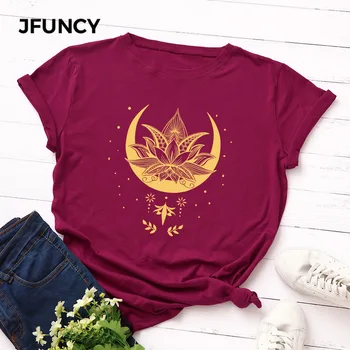 JFUNCY Naujas Moterys T-shirt Lotus Spausdinti Viršūnės Vasarą Medvilnės Moteris Marškinėlius Plius Dydis Mergina Atsitiktinis Pagrindinio Tees Moterų Marškinėlius