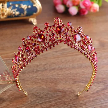 KMVEXO Mados Baroko Prabanga Red Crystal Bridal Crown Rožančiai Vintage Gold Diadem Rožančiai Moterų Nuotaka Vestuvių Priedai