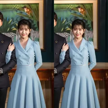 Kpop IU Lee Ji Eun šalies mados juoda slim trumpas Megztinis striukės, paltai+elegantiškas Aukšto juosmens kelio ilgis, sijonai, 2 dalių rinkinys moterims