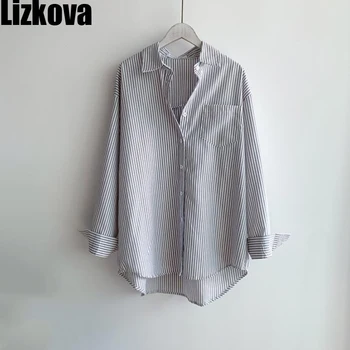 Lizkova 2021 Dryžuotas Marškinėliai Moterims Negabaritinių Chemise Femme Korėjos Oficiali Kišenėje Blusas Elegantes Viršūnes 7803