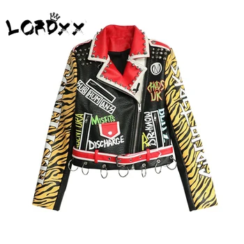 LORDXX Dygliuotos Odos Striukė 2018 M. Rudenį Moterų Mados Turn-žemyn apykaklės Leopard Punk Rock striukė su diržu Moteriški paltai