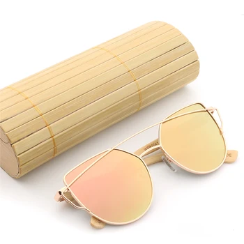 Mados Moterų Veidrodis Akiniai nuo saulės Rose Gold Super Star Bambuko Medienos Saulės akiniai Poliarizuoti UV400 lens,ateina su Bambuko atveju