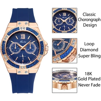 MISSFOX Moterų Laikrodžiai Prabangos Prekės 18K Gold Black Chronograph Atspėti Deimantų Žiūrėti Vandeniui Gumos Kvarco Ponios Riešo Žiūrėti