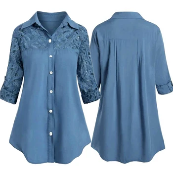 Moterų Atsitiktinis Vientisos Spalvos Pasukite Žemyn Apykaklės Nėrinių Susiuvimo Buttonsed Plius Dydžio Marškinėlius