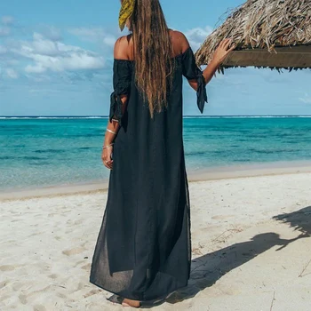 Moterų Sexy Off Peties Aukštos Padalinta Maxi Dress Lady Vasaros Paplūdimio Atsitiktinis, Kietas Trumpas Rankovės Prarasti Ilga Suknelė Mergaitėms Sundress