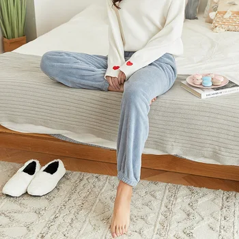 Moterų Žiemos Flanelė Pižama miega kelnės Minkštos Sleepwear apačioje aksomo Vilnos Namų pants plus size