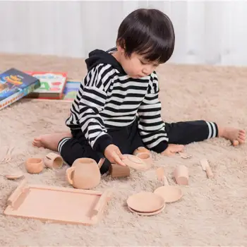 Nauja Vaikų Mediniai Žaislai Mergina Žaisti Namuose Interaktyvūs Žaislai iš Medžio masyvo Unpainted Modeliavimas Virtuvės Valgių Žaislai Arbatos Rinkinys