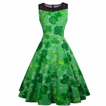 Naujas paketas St. Patrick ' s Day užsienio prekybos Amazon naujas moterų retro rankovių nėrinių dobilų spausdinti suknelė