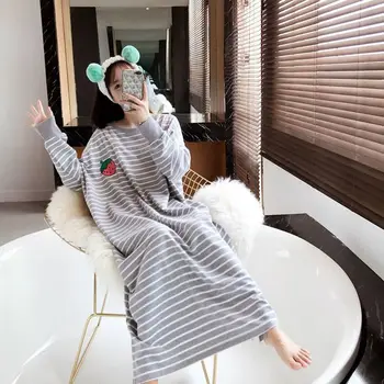 Nightgowns Moterų Sleepshirts Ilgomis Rankovėmis Pavasario Dryžuotas Siuvinėjimo Korėjos Stiliaus Elegantiškas Studentų Kawaii Paprasta Madinga Atsitiktinis Naujas