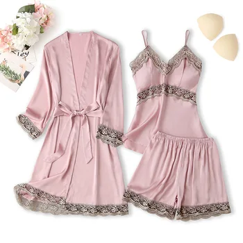 Pavasarį Moterų Pižamos Homewear Su Krūtinės Pagalvėlės Skraiste Cami Šortai Nightdress Sleepwear 4 Gabalus Moterų Pižama Komplektas