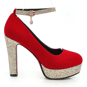 Plus Size 34-43 Moterų Batai Aukštos Kokybės Naujas Mados Aukso Platforma Tvirtą Raudona Kulkšnies Dirželiai Aukšti Kulniukai Seklių Vestuves Siurbliai