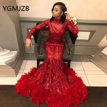 Raudona Blizgančių China Vakaro Suknelės Undinė 2020 Ilgomis Rankovėmis Plunksnos Juodos Mergina Baigimo Afrikos Moterų Oficialų Prom Šalis Suknelė