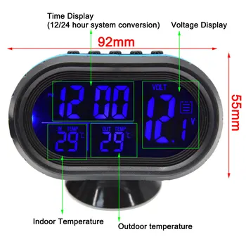 Skaitmeninis Voltas Metrui Automobilių LCD Laikrodis Voltmeter Termometras Indikatorius Akumuliatoriaus Įtampa Temprerature Stebėti DC 12V 24V Įšaldyti Įspėjimo