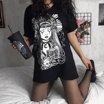 Vasaros Goth seksuali moteris tee estetinės prarasti moterys t-shirt punk tamsiai Grunge streetwear ponios viršų gotikos tshirts Harajuku drabužiai