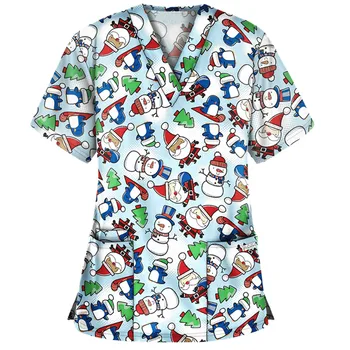 Vasarą Moterys Marškinėliai trumpomis Rankovėmis Santa Claus Spausdinti V-kaklo Viršūnes Darbo Vienodos Kalėdų Padėkos Harajuku T-shirt #