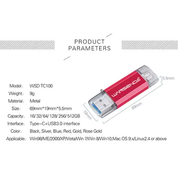 WANSENDA OTG Usb 3.0 USB Flash Drive, MODELIS C Pen Drive 32GB 64GB 128GB 256 GB 512 GB Pendrive USB Memory Stick TIPO C Mobile/PC