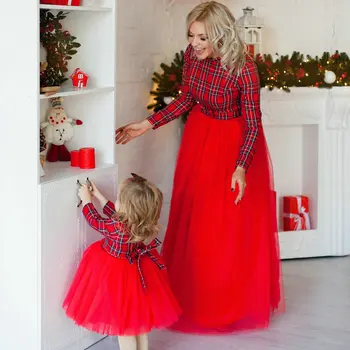 YUXIC Motina Dukra Atitikimo Suknelė 2020 M. Pavasarį Ilgai Rankovėmis Pledas Raudona Suknelė Mamytė ir Man Vestuvės Dress