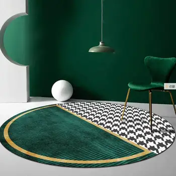 Šiaurės minimalistinio abstrakčiai žaliojo aukso houndstooth gyvenimo kambario, miegamasis, neslidžia grindų kilimėlis kilimų kabo krepšys kėdė pagalvėlė